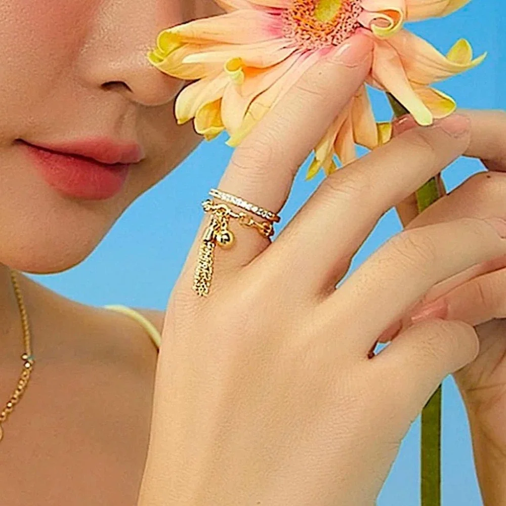 Tassel Ball Drop Gold Plated Double Stack Ring